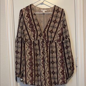Forever 21 Brown and Cream V-Neck Long Sleeve Blouse